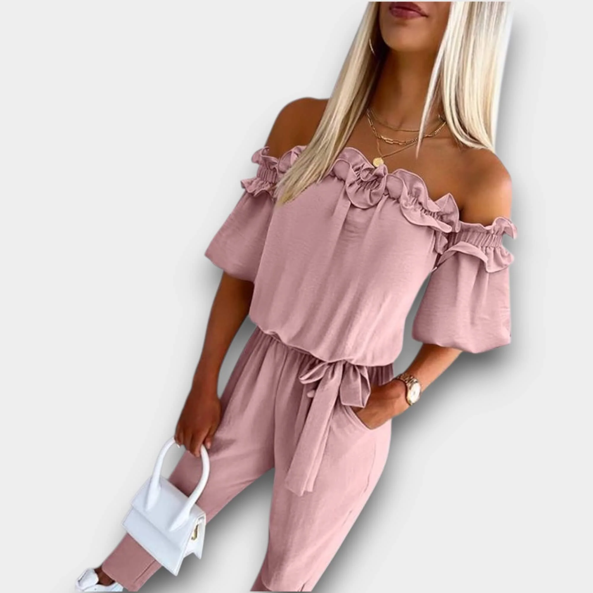 Aria – Off-Shoulder Frill Tie-Waist Jumpsuit